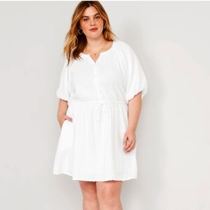 NWT White Cotton Waist-Defined Puff-Sleeve Mini Poet Summer Dress for Women